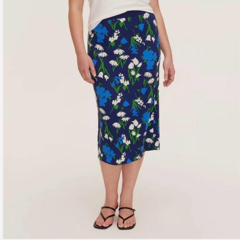 Kate Spade New York Blue Floral Knit Midi Sweater Skirt